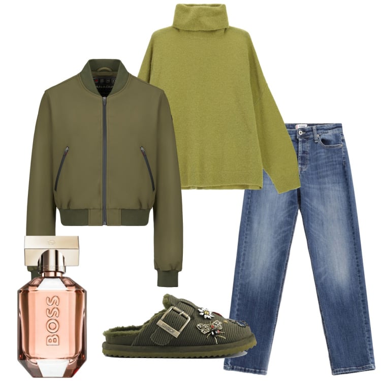 Outfit donna - Total look #2253750. Stile Minimal per Tutti i giorni. Abbinamento con profumi, jeans, maglieria, bomber, sabot.