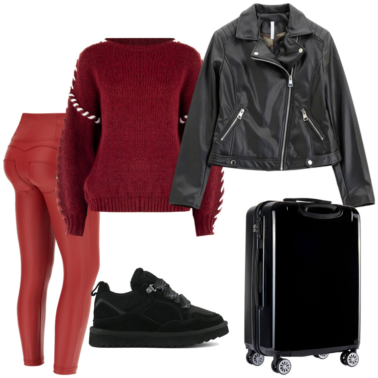 Outfit donna - Si riparte. Stile Glamour per Tutti i giorni. Abbinamento con maglieria, blazer, pantaloni skinny, valigie, sneakers alte.