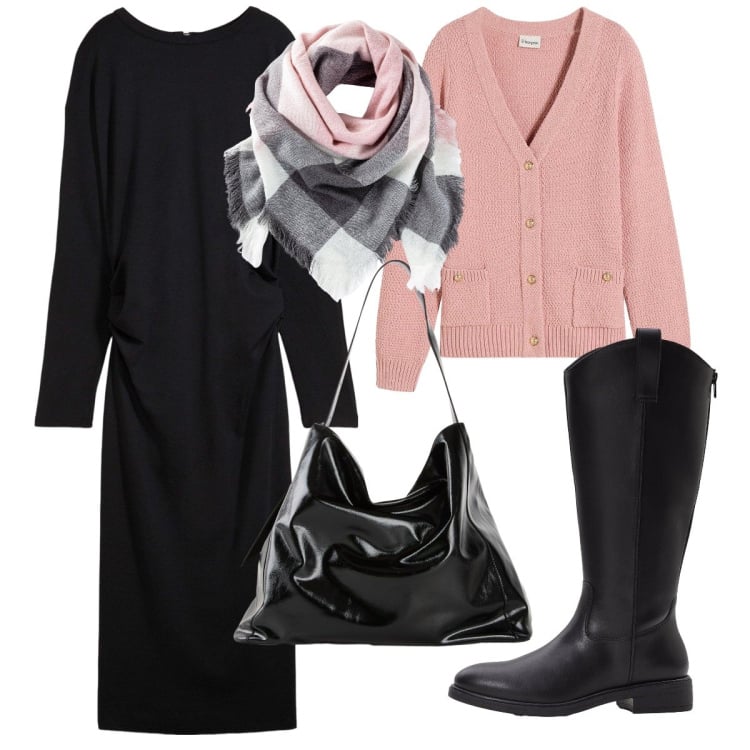Outfit donna - I primi freddi. Stile Casual chic per Tutti i giorni. Abbinamento con cardigans, vestiti midi/longuette, foulard, stivali, shopping bag.