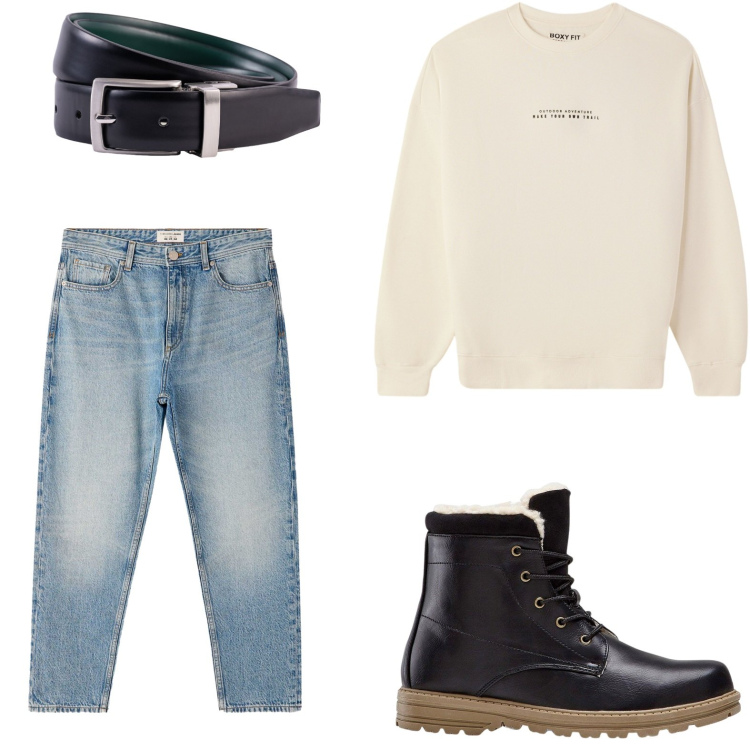 Outfit uomo - Felpa trendy. Stile Trendy per Tutti i giorni. Abbinamento con stivali e stivaletti, jeans dritti, felpe, cinture.