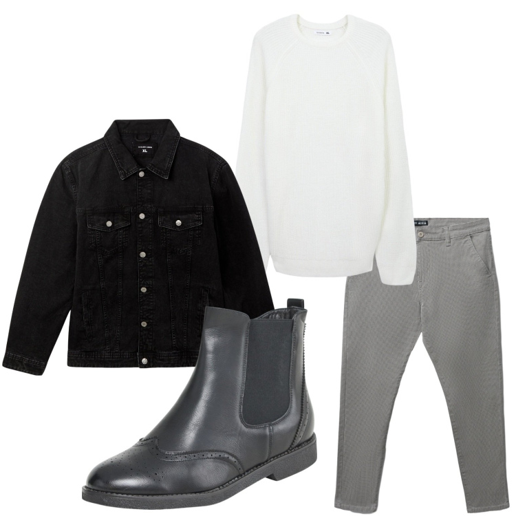 Outfit uomo - Aperitivo night. Stile Casual per Serata speciale. Abbinamento con stivali e stivaletti, giacche, pantaloni chino, maglieria.