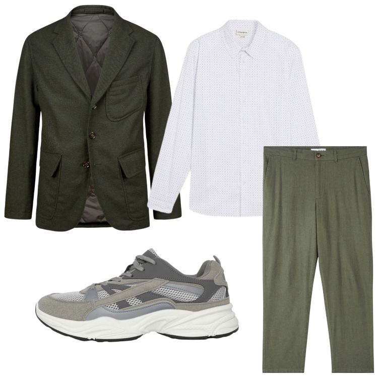 Outfit uomo - Casual sporty. Stile Trendy per Ufficio. Abbinamento con camicie, sneakers, pantaloni, giacche.