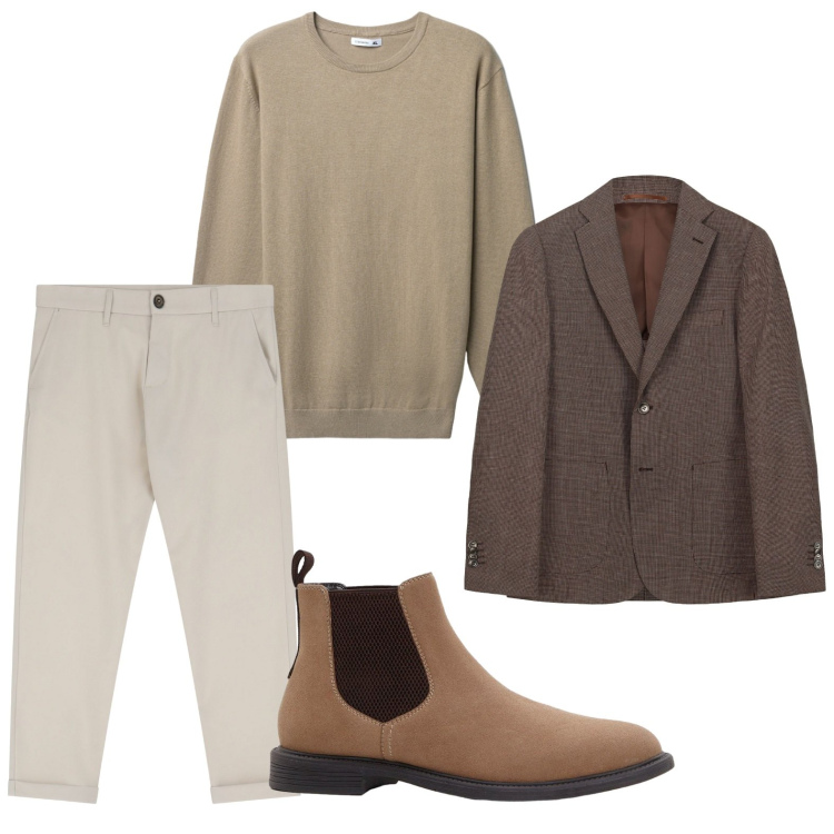 Outfit uomo - Toni caldi. Stile Trendy per Ufficio. Abbinamento con stivali e stivaletti, maglieria, pantaloni chino, giacche.
