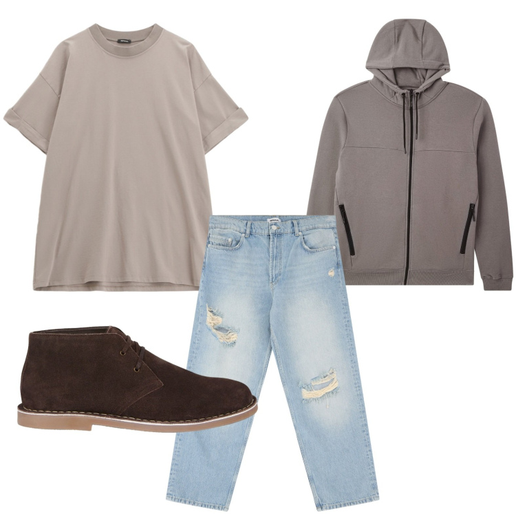 Outfit uomo - Stile sportivo. Stile Casual per Tutti i giorni. Abbinamento con felpe con cappuccio, t-shirt, jeans strappati, stivali e stivaletti.