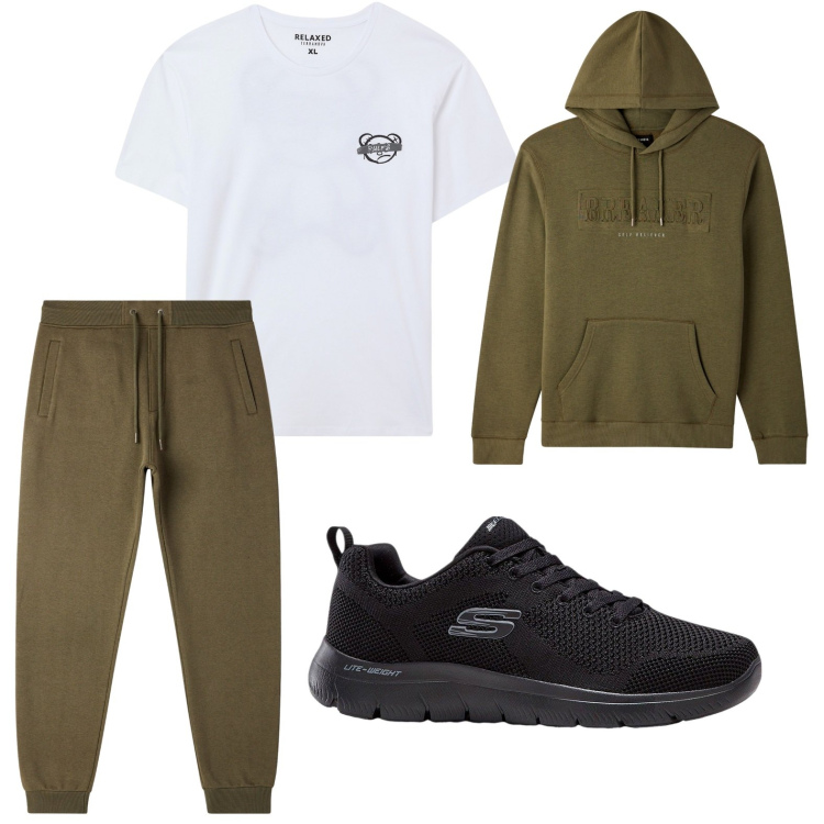 Outfit uomo - Comodo. Stile Trendy per Tutti i giorni. Abbinamento con sneakers, felpe con cappuccio, t-shirt, pantaloni.