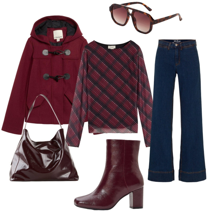Outfit donna - Stile ed eleganza. Stile Trendy per Tutti i giorni. Abbinamento con jeans, occhiali da sole, montgomery, stivaletti, shopping bag, maglieria.