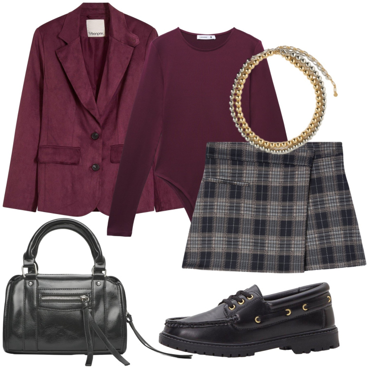 Outfit donna - Pomeriggio a spasso. Stile Trendy per Tutti i giorni. Abbinamento con mocassini, blazer, borse a mano, minigonne, body, collane.