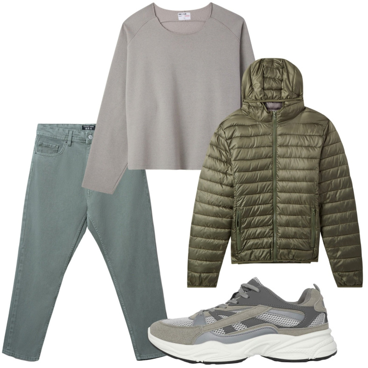 Outfit uomo - Giornata urbana. Stile Casual per Tutti i giorni. Abbinamento con piumini, sneakers, jeans, felpe.