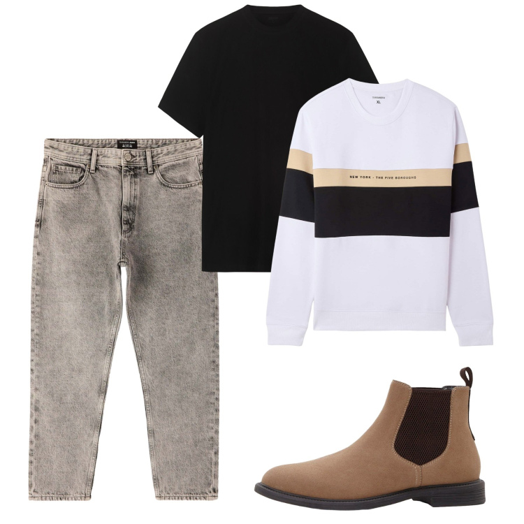 Outfit uomo - Fall. Stile Casual per Tutti i giorni. Abbinamento con stivali e stivaletti, felpe con cappuccio, jeans dritti, t-shirt.