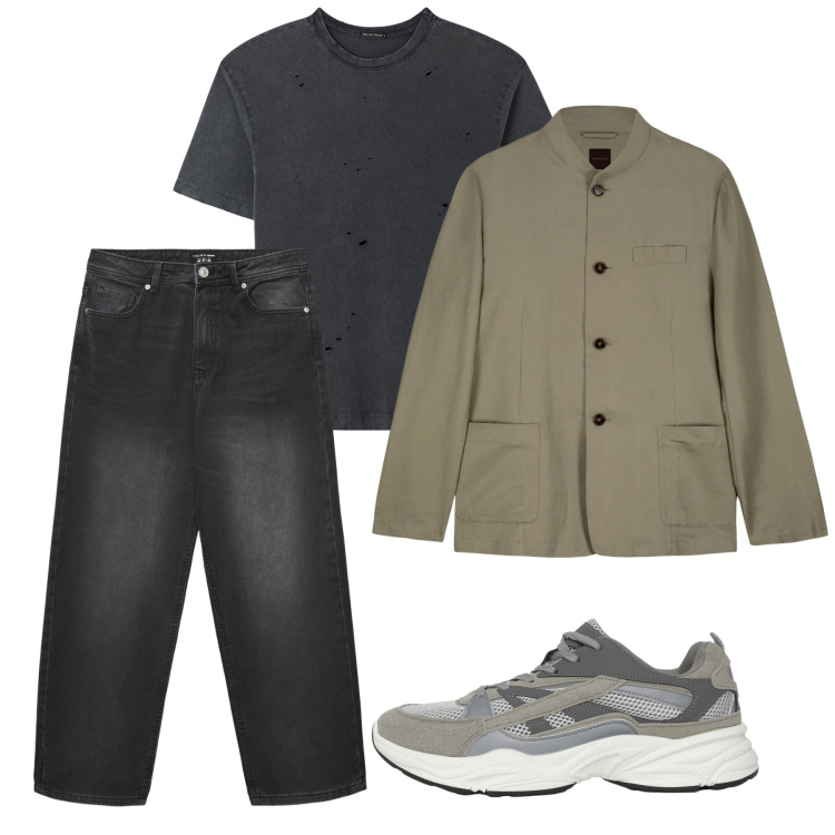Outfit uomo - Fall. Stile Casual per Tutti i giorni. Abbinamento con t-shirt, sneakers, jeans dritti, giacche.