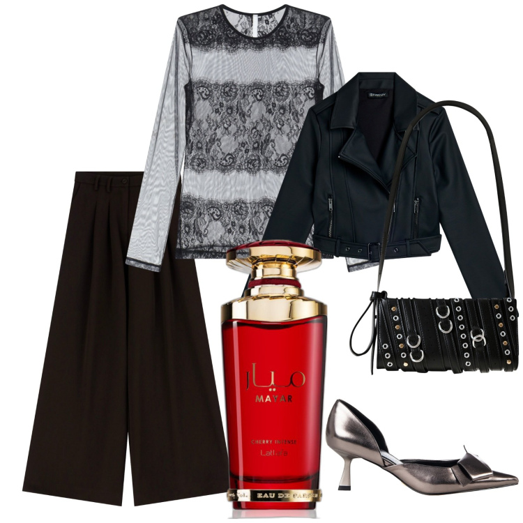 Outfit donna - Un profumo per noi. per Serata fuori. Abbinamento con profumi, pantaloni, décolleté, borse a spalla, bluse, giacche.