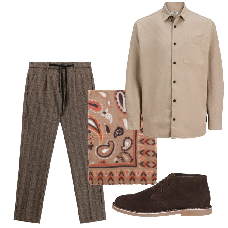 Outfit uomo - Settembre castagna. Stile Casual per Tutti i giorni. Abbinamento con camicie, pantaloni, sciarpe e foulard, stivali e stivaletti.