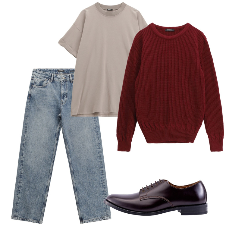 Outfit uomo - Burgundy fall. Stile Casual per Tutti i giorni. Abbinamento con maglieria, jeans dritti, t-shirt, scarpe stringate.