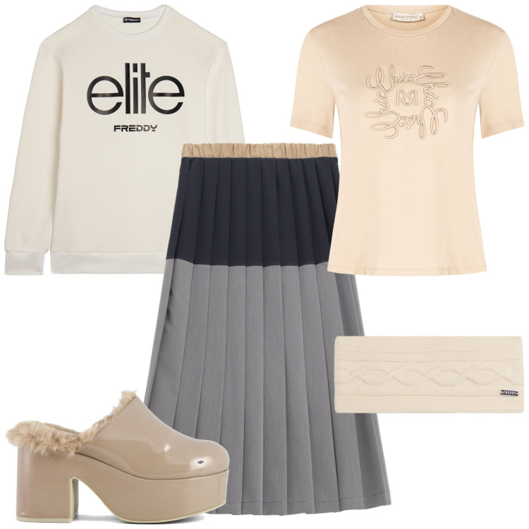 Outfit donna - Ottobre dietro l\'angolo. Stile Chic per Tutti i giorni. Abbinamento con t-shirt, gonne longuette, felpe, accessori per capelli, sabot.