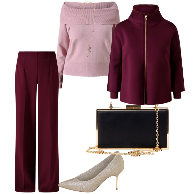 Outfit donna - Serata rinascimento. per Serata fuori. Abbinamento con cappe, maglieria, pantaloni a palazzo, pochette, décolleté, ciondoli.