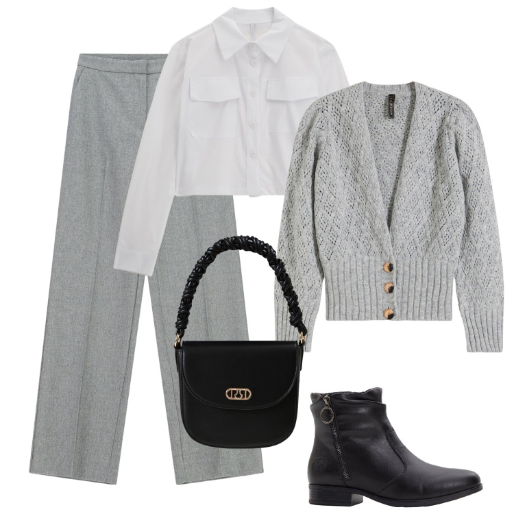 Outfit donna - Cardigan in ufficio. Stile Minimal per Ufficio. Abbinamento con cardigans, stivaletti, borse a mano, pantaloni a palazzo, camicie.