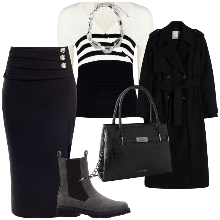Outfit donna - A lavoro senza tacchi. per Ufficio. Abbinamento con trench, stivaletti chelsea, borse a mano, maglieria, gonne, ciondoli.