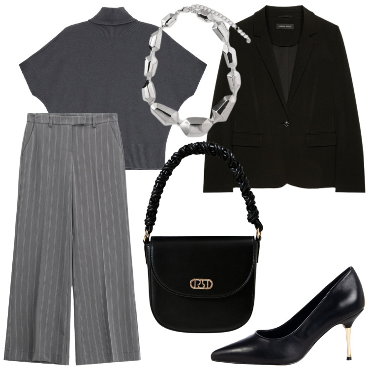 Outfit donna - Total Look di fine settembre. Stile Trendy per Ufficio. Abbinamento con borse a mano, décolleté, pantaloni a palazzo, maglieria, blazer, ciondoli.
