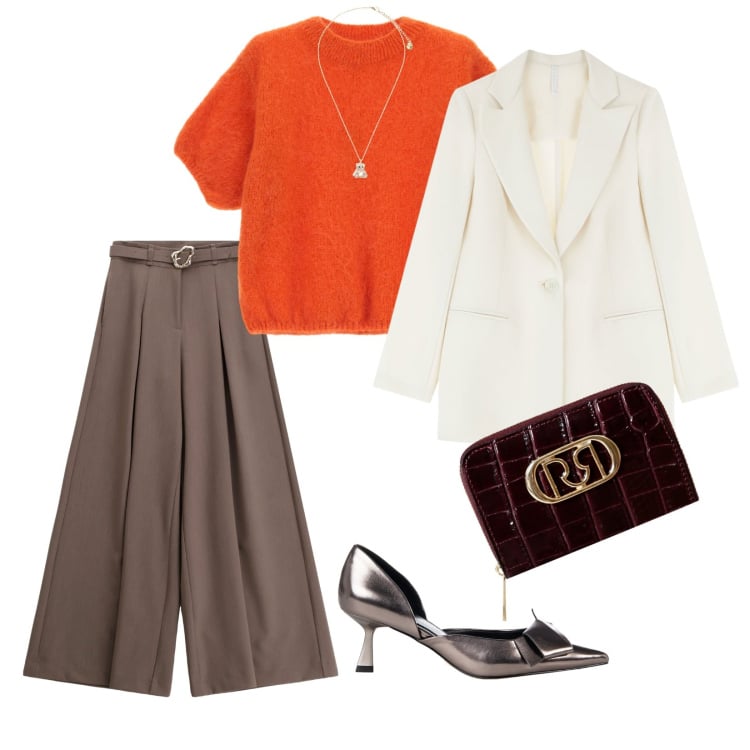 Outfit donna - Pranzo fuori. per Cerimonia. Abbinamento con décolleté, portafogli, blazer, pantaloni, maglieria, ciondoli.