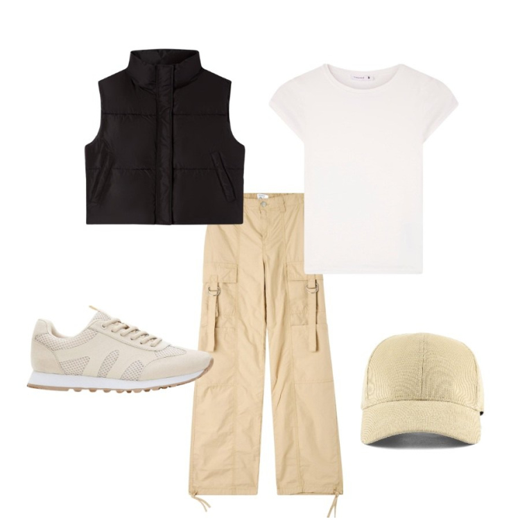 Outfit donna - Baige white black. Stile Casual chic per Tutti i giorni. Abbinamento con sneakers, t-shirt, piumini, pantaloni cargo, cappelli con visiera.