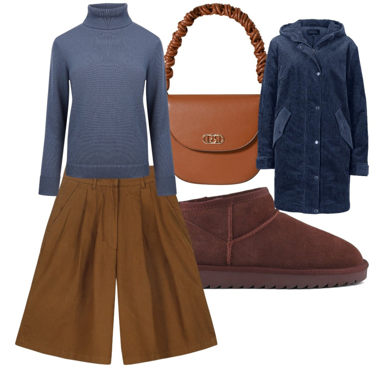 Outfit donna - Colori caldi. Stile Casual chic per Tutti i giorni. Abbinamento con parka, borse a mano, bermuda, maglieria, stivali.
