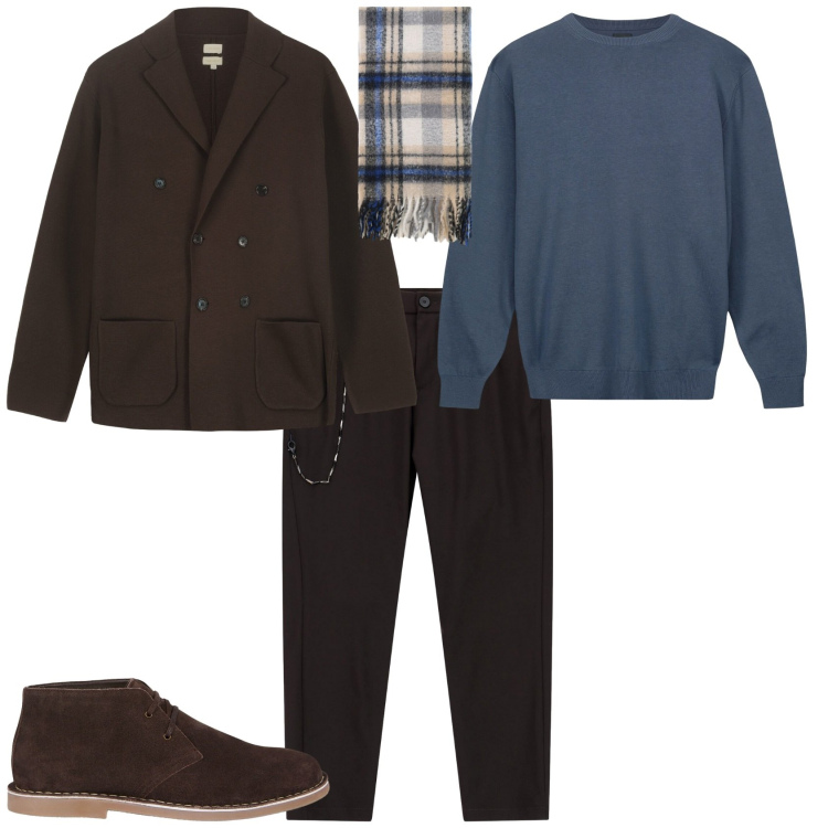 Outfit uomo - Total look #2253816. Stile Trendy per Ufficio. Abbinamento con pantaloni, sciarpe, maglieria, stivali e stivaletti, giacche.