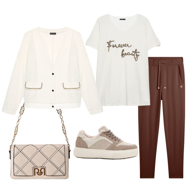 Outfit donna - Primi giorni d\'autunno. Stile Casual chic per Tutti i giorni. Abbinamento con sneakers, t-shirt, blazer, borse a tracolla, pantaloni.
