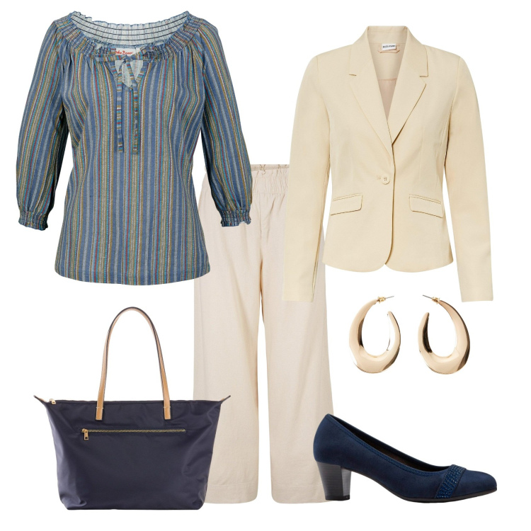 Outfit donna - Total look #2253821. Stile Chic per Ufficio. Abbinamento con maglieria, décolleté, blazer, pantaloni culotte, orecchini, shopping bag.