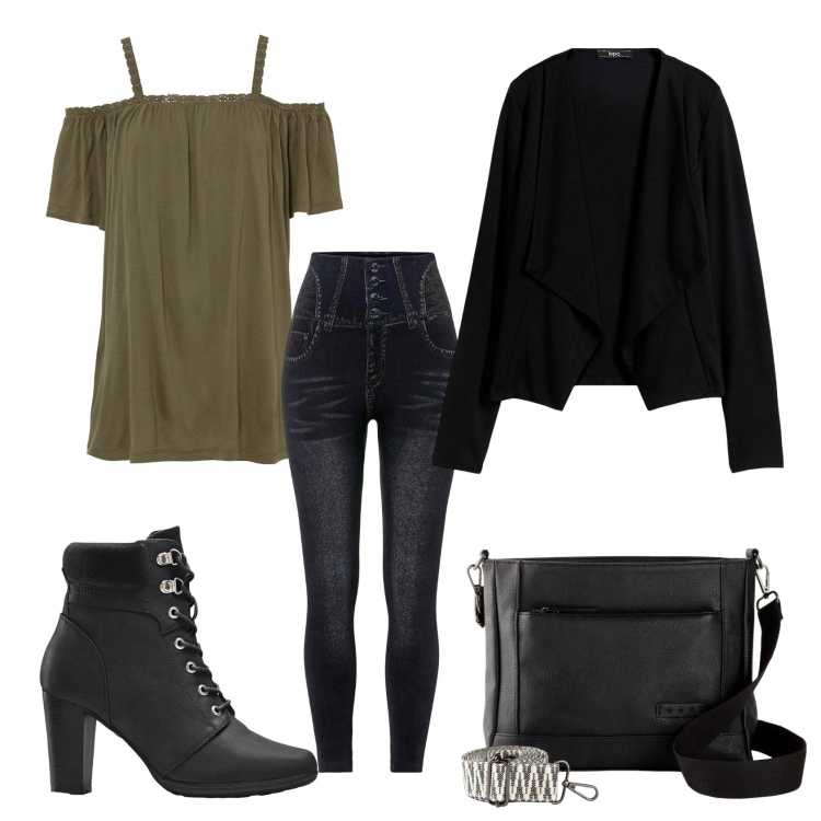 Outfit donna - Total look #2253824. Stile Casual chic per Ufficio. Abbinamento con stivaletti, jeggings, blazer, maglieria, borse a tracolla.