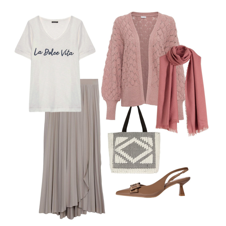 Outfit donna - Saldi autunnali. Stile Casual chic per Scuola/Università. Abbinamento con cardigans, sciarpe, gonne lunghe, décolleté, shopping bag, t-shirt.