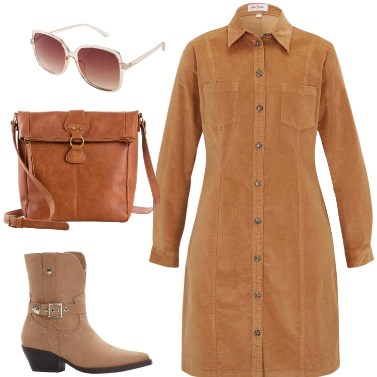 Outfit donna - Caramello. Stile Boho per Tutti i giorni. Abbinamento con vestiti, occhiali da sole, stivaletti texani, borse a tracolla.