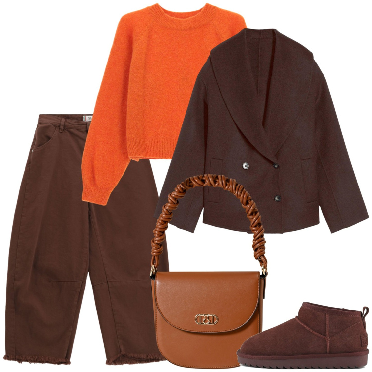 Outfit donna - Colori di ottobre. Stile Casual per Tutti i giorni. Abbinamento con caban, borse a mano, pantaloni, maglieria, stivali.