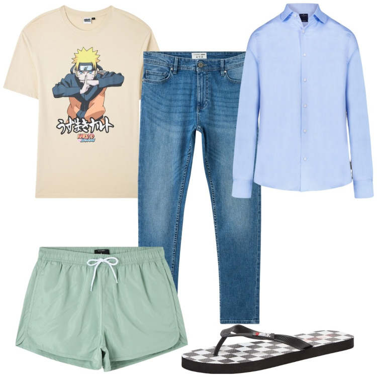 Outfit uomo - Total look #2253831. Stile Trendy per Mare. Abbinamento con sandali, t-shirt, costumi, jeans skinny, camicie.