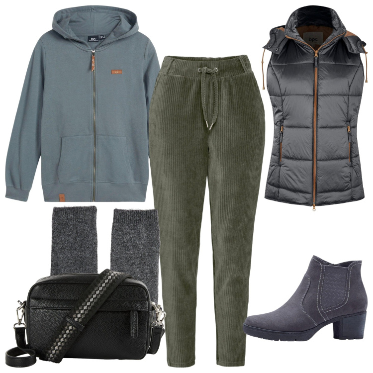 Outfit donna - Bonprix - neutral by Nature. Stile Casual per Tutti i giorni. Abbinamento con gilet, felpe con cappuccio, pantaloni, borse a tracolla, stivaletti, calzini.