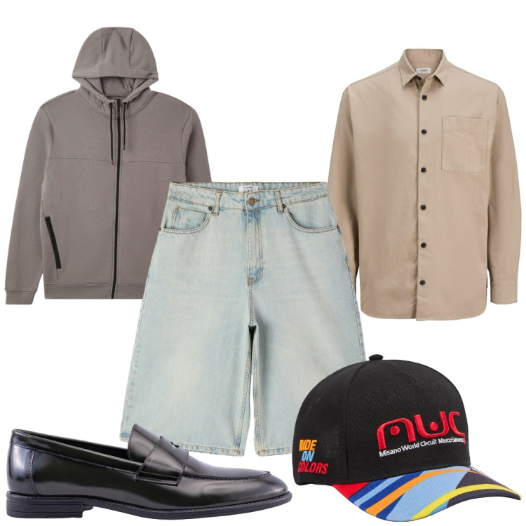 Outfit uomo - Total look #2253835. Stile Trendy per Tutti i giorni. Abbinamento con camicie, cappelli, bermuda, felpe con cappuccio, scarpe stringate.