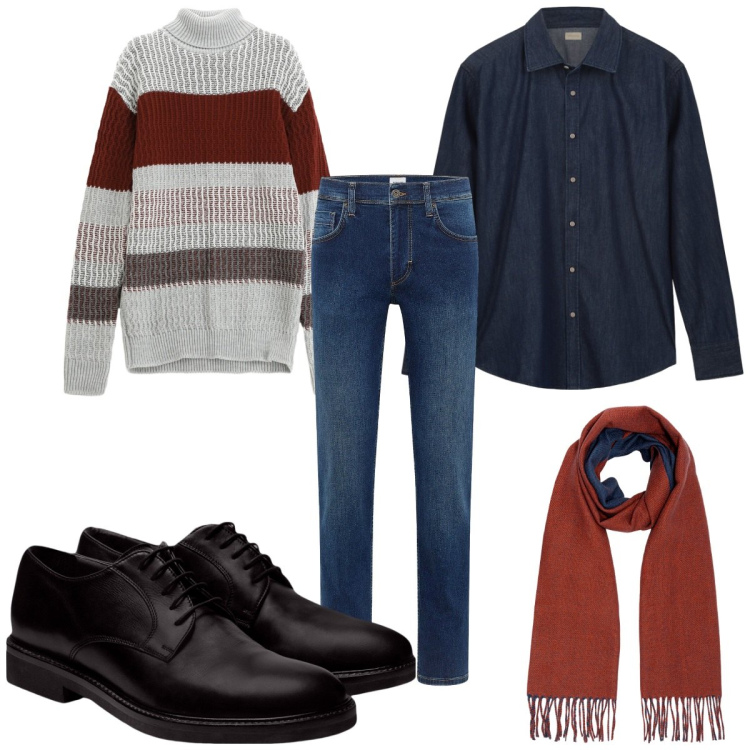 Outfit uomo - Total look #2253844. Stile Trendy per Tutti i giorni. Abbinamento con jeans dritti, maglieria, scarpe stringate, sciarpe, camicie.