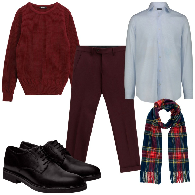 Outfit uomo - Total look #2253847. Stile Trendy per Tutti i giorni. Abbinamento con maglieria, pantaloni, scarpe stringate, sciarpe, camicie.