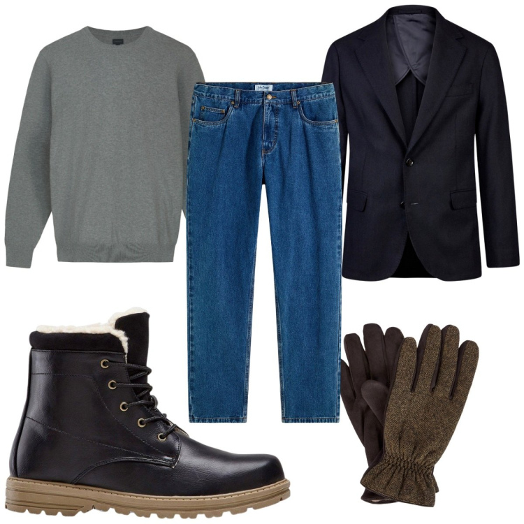 Outfit uomo - Total look #2253854. Stile Casual per Tutti i giorni. Abbinamento con jeans dritti, stivali e stivaletti, giacche, guanti, maglieria.