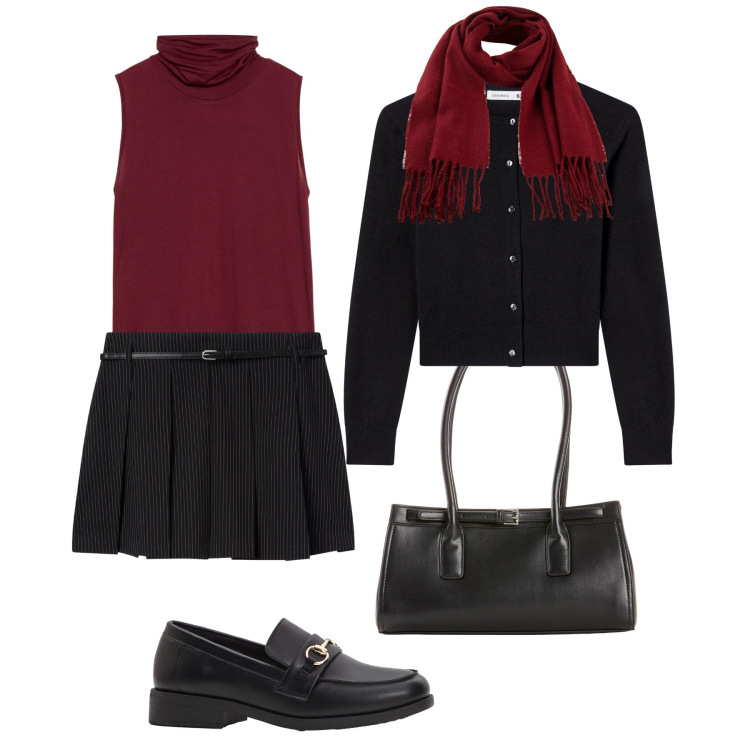 Outfit donna - Mood preppy in città. Stile Preppy per Tutti i giorni. Abbinamento con sciarpe, borse a mano, mocassini, top, minigonne, cardigans.