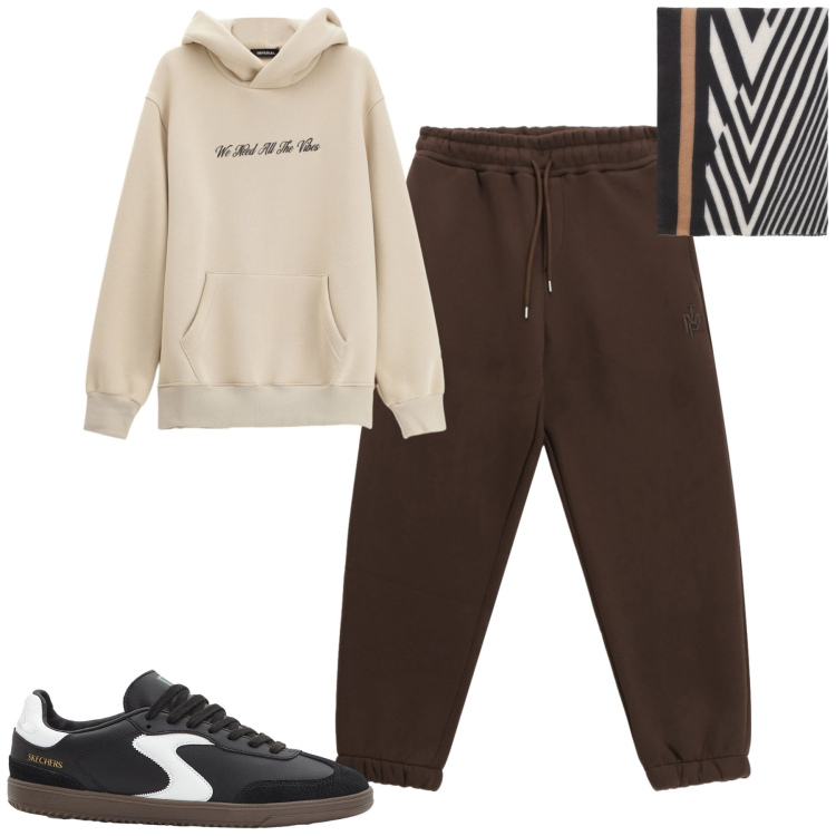 Outfit uomo - Fall. Stile Casual per Tutti i giorni. Abbinamento con sneakers, felpe con cappuccio, sciarpe, pantaloni.