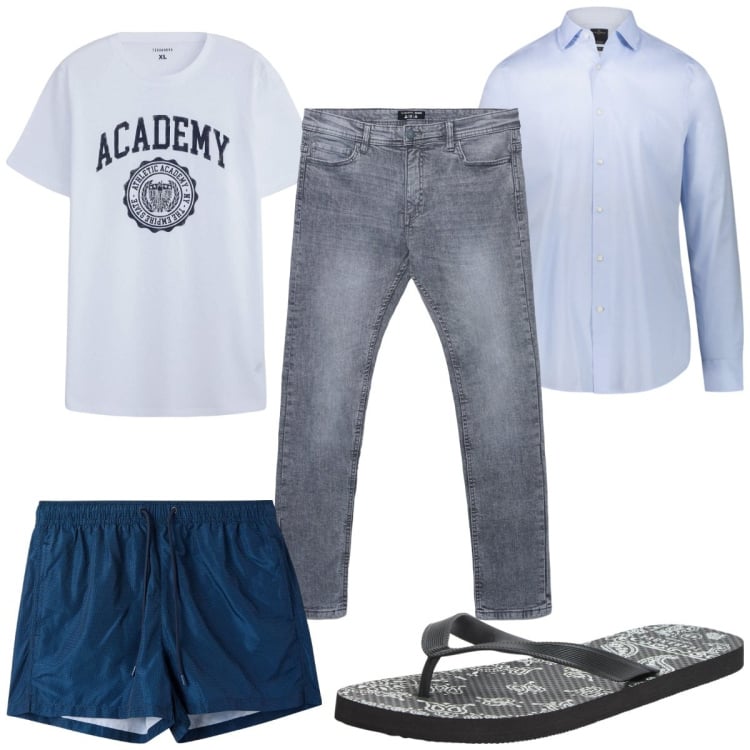 Outfit uomo - Total look #2253860. Stile Trendy per Mare. Abbinamento con sandali, costumi, t-shirt sportive, jeans skinny, camicie.
