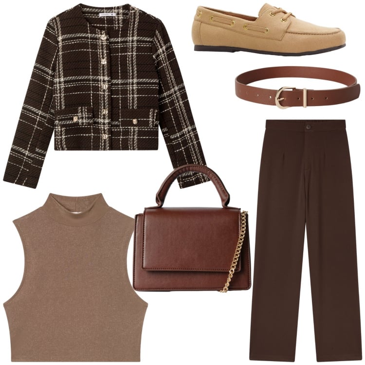 Outfit donna - Autumn look. Stile Urban per Tutti i giorni. Abbinamento con mocassini, canottiere, pantaloni, blazer, borse a tracolla, cinture.