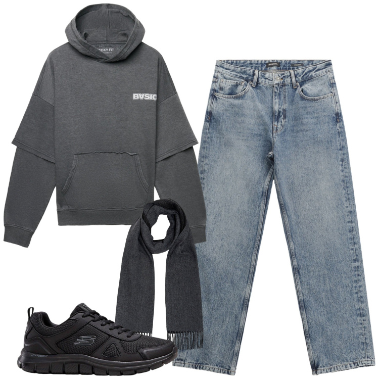 Outfit uomo - La felpa terranova. Stile Casual per Tutti i giorni. Abbinamento con sneakers, felpe con cappuccio, jeans dritti, sciarpe.