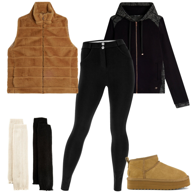 Outfit donna - Bantoa - Fall Mid Season Sale. Stile Sporty chic per Tutti i giorni. Abbinamento con calzini, felpe con cappuccio, pantaloni skinny, gilet, stivaletti.