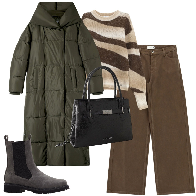 Outfit donna - City. Stile Urban per Tutti i giorni. Abbinamento con borse a mano, stivaletti chelsea, cappotti, pantaloni a palazzo, pullovers.