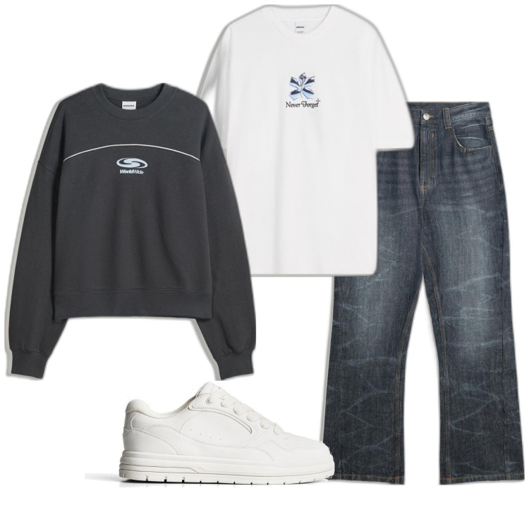 Outfit hombre - Urban #4558. Estilo Urban para Todos los días. Combinación con sudaderas, camiseta, vaqueros, sneakers.