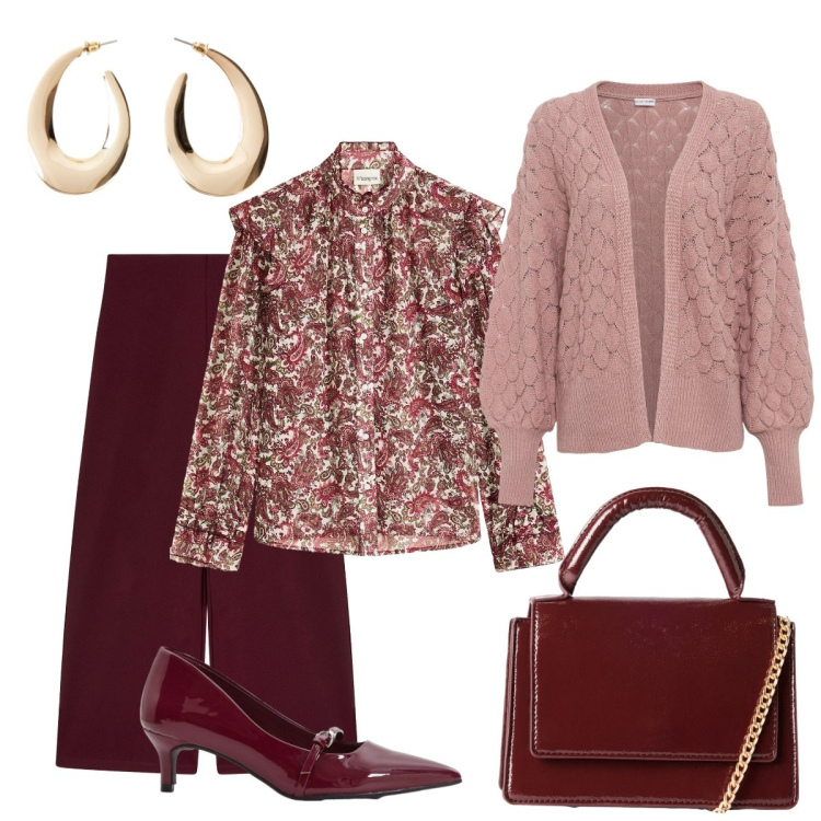 Outfit donna - Profumo di autunno e femminilità. Stile Romantica per Serata fuori. Abbinamento con cardigans, camicie, décolleté, orecchini, borse a tracolla, pantaloni culotte.