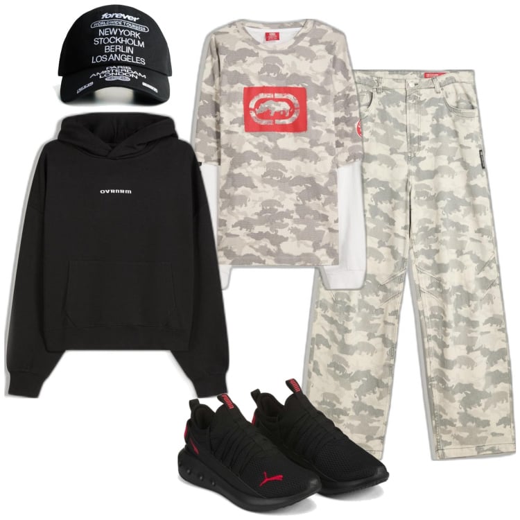 Outfit hombre - Urban #4559. Estilo Urban para Todos los días. Combinación con sneakers, sudaderas con capucha, vaqueros, sombreros, camiseta.
