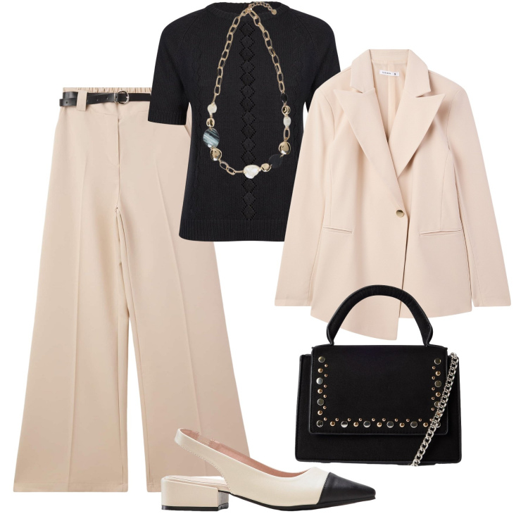 Outfit donna - Saldi Bantoa per l’ufficio. Stile Glamour per Ufficio. Abbinamento con décolleté, blazer, pantaloni, borse a tracolla, maglieria, collane.