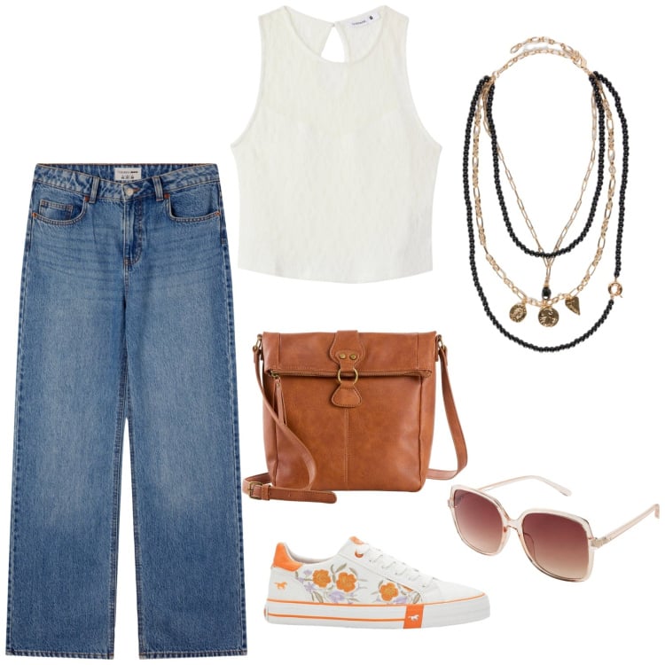 Outfit donna - Casual ricercato. Stile Basic per Tutti i giorni. Abbinamento con sneakers, occhiali da sole, borse a tracolla, jeans, top, collane.
